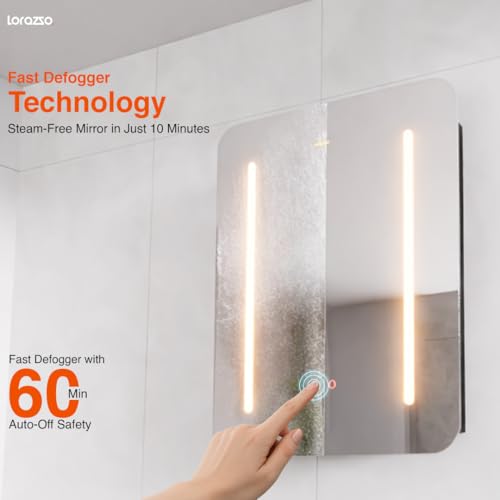 Image of Lorazzo Smart LED Mirror Cabinet - 30x24 in | 3 Colour LED Bathroom Mirror (Warm, Cool & White) | Anti-Fog Mirror with Defogger | Matte Black Mirror Cabinet with Storage | 5-Year Warranty