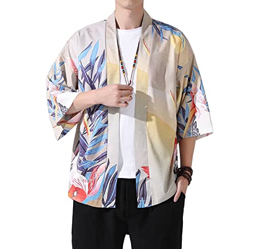 Image of PRIJOUHE Men's Lightweight Kimono Jacket Seven Sleeve Open Front Cardigan Coat Japanese Style Bathrobe