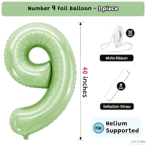 Image of KatchOn, Sage Green Number 9 Balloon For Birthday Decorations - 40 Inch