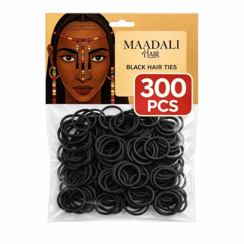 300 Black Hair Ties - Small Strong Rubber Bands for Thick Curly & Afro Hair Braids Ponytails & Protective Styles - No Breakage Hair Elastics bands for Women & Girls - MAADALI