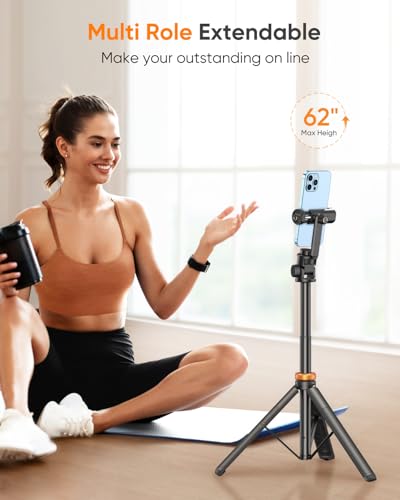 Image of EUCOS 62 inch Phone Tripod, Tripod for iPhone & Selfie Stick with Remote, Extendable Cell Phone Stand & Ultimate Phone Holder, Solidest Phone Stand Compatible with iPhone /Android