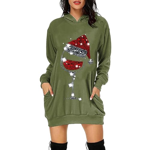 Weihnachtspullover Kleid für Damen Ugly Christmas Sweater Lang Weihnachtswichtel Druck Freizeit Weihnachtskleid Kitschige Bequem Weit Kapuzenpullover...