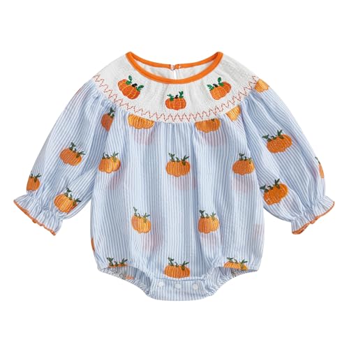 Image of GINEVSAL Toddler Baby Girl Halloween Outfits Newborn Pumpkin Smocked Onesie Striped Crew Neck Long Sleeve Fall Romper