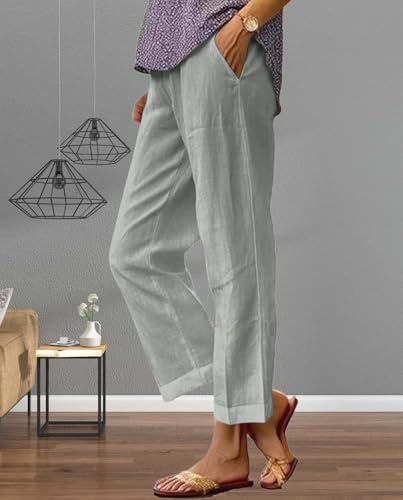 Womens Cotton and Linen Casual Pants Summer Elastic Waist Drawstring Straight Wide Leg Loose Fit Pockets Pant3