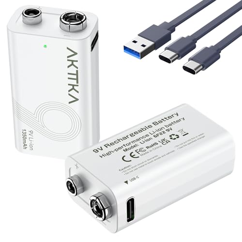 AKTTKA 9V充電式リチウム電池 2個セット、大容量1350mAh、006P バッテリー、Type-C充電ケーブル付属、繰り返し充電可能、金属探知機 マイク マルチメーター 電子玩具対応