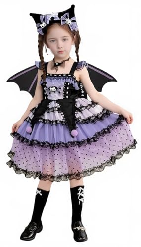 Girls Gothic Lolita Princess Dress Purple and Black Lace Trim Skirt with Bat Wings and Headband for Kids3