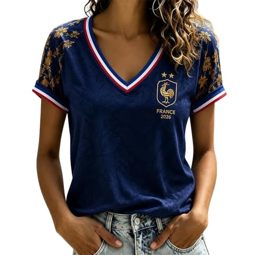 Maillot Equipe de France Foot 2026 Femme T-Shirt Fan Football 2026 Maillot de Foot Graphique Tee...