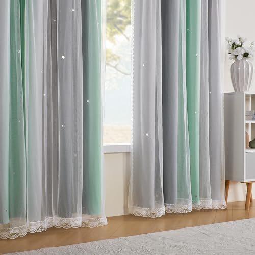 XiDi Blackout Curtains for Bedroom Decor - Rainbow Unicorn Wall Decals for Girl's and Kids' Room - Green Light Grey 52X84 Inch Long 1 Panel