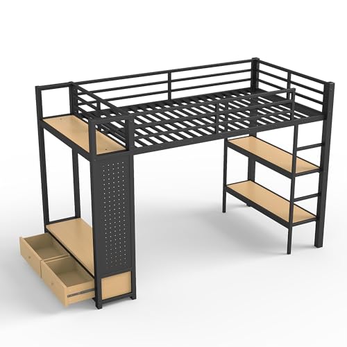Image of Bellemave Twin XL Size loft Bed with Wardrobe and Storage Shelves and Pegboard Drawers, Metal Twin XL Loft Bed Frame for Adults, Kids, Teens, Black