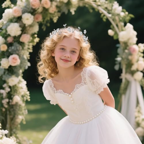 Giantree Flower Girl Headdress, Silver Wedding Pearl Rhinestone Headdress, Girl's First Communion Headdresses, Suitable for Wedding, Birthday, Party, First Communion, Photography (silver)3