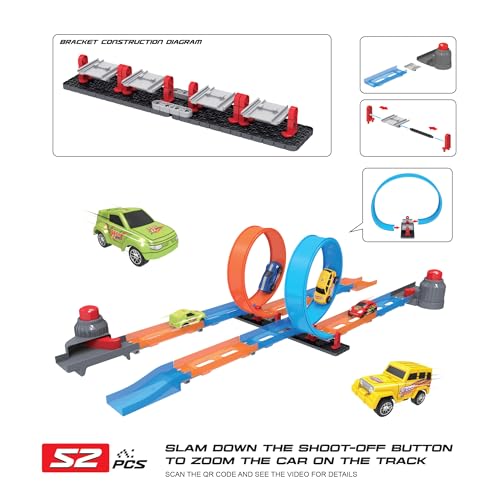 Image of Playzu Shoot Off Challenger Edition Track Set, 52 Pcs Single Twist Loop & 2 Car Track Play Set for 2 Players 6+ Years Kids Boys and Girls