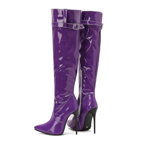 BEAUPAS Women's Patent Leather Over the Knee Boots Stiletto Heel Pointed Toe Boots Buckle3