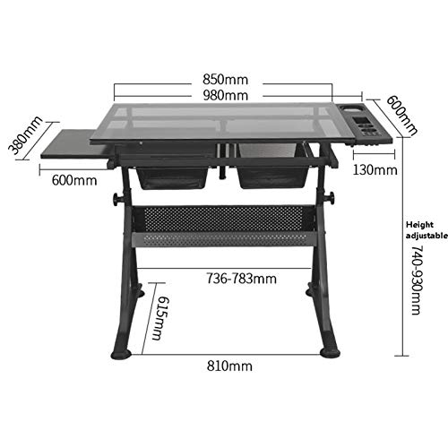 Xionggg Multifunctional Glass Drafting Table Height Adjustable Drawing Desk W/ 2 Storage Drawer, Tiltable Desk Art Table #TOP1