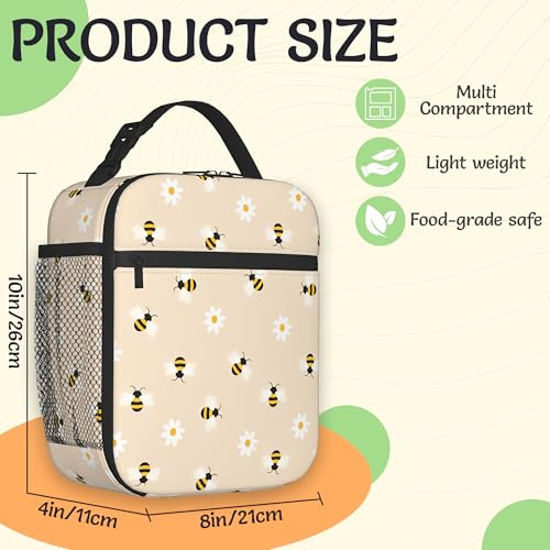 CXULIN Insulated Small Lunch Box,Cute Bees Reusable Lunch Bag for Kids Adult Women,White Flowers Large Capacity Portable Thermal Bag with Mutiple Pockets for School,Work,Picnic by CXULIN - Used condition - US$17.47