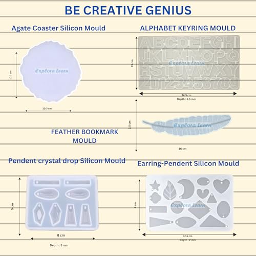 Image of Exploralearn 125 pcs Ultimate Master Resin Art Kit - DIY Alphabet, Earring, Keychain, Pendant, Coastersand Bookmark with Epoxy Resin and Silicone Moulds - Comprehensive Resin Art Materials - Mica, Glitters, dried flowers and Flakes
