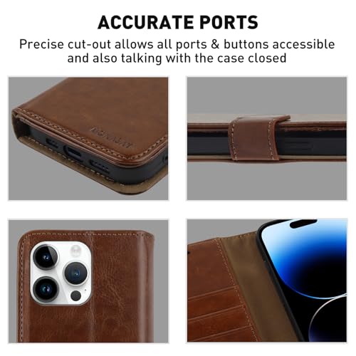 Image of MONASAY Vegan Leather Fit for iPhone 14 Pro Max 5G Wallet Case, 6.7-inch, [Glass Screen Protector Included] [RFID Blocking] Flip Folio Phone Cover with Credit Card Holder,Brown