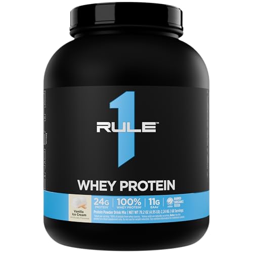 Rule 1 Whey Protein 24g Fast-Acting Protein from All-Whey Sources with Naturally Occurring EAAs & BCAAs for Workout Recovery or Anytime Use (5 Pounds* Vanilla Ice Cream)