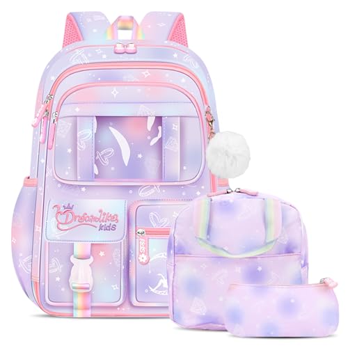 Amythe Schulrucksack Mädchen Set 3 in 1 mit Lunchtasche Federmäppchen, 2025 Rucksack Schule Kinder 3 Teilig Schulranzen mit Brustgurt Reflektierend, Schultasche Kawaii Wasserabweisend 26L-Lila