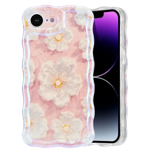 EYZUTAK Case for iPhone 17e/iPhone 16e, Colorful Retro Oil Painting Flower Laser Glossy Pattern Cute Curly Wave Edge Exquisite Phone Cover Stylish Durable TPU Protective Case for Girl Women-Light Pink
