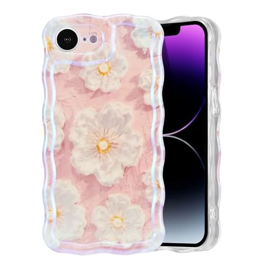 EYZUTAK Case for iPhone 16e, Colorful Retro Oil Painting Flower Laser Glossy Pattern Cute Curly Wave Edge Exquisite Phone Cover Stylish Durable TPU Protective Case for Girl Women - Light Pink