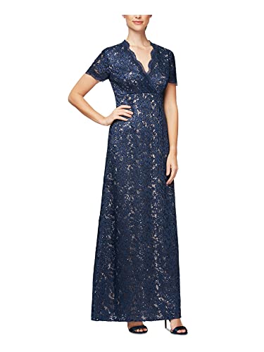 Alex Evenings Women's Long V-Neck Fit and Flare Dress Lace, ...