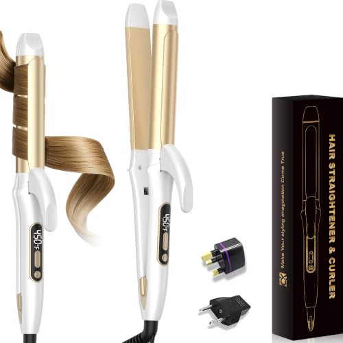 Dual Voltage Curling Iron Travel 2 in 1 Curl and Straightener (110V-240V) 1.25 Inch Normal Size Hair Curler with EU/UK Plug Adapter Curling Wand Adjustable Temperature Anti-Tangle (Champagne Silver)