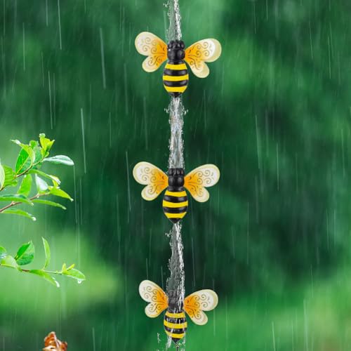 Qipade 8.4 FT Rain Chains for Outside, Decorative Glow Bee Rain Chain with 12 Cups, Metal Adjustable Rain Catcher Chain, Replacement Downspout for Gutters