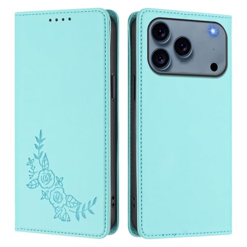 Étui iPhone 12 Pro Max vert menthe à rabat magnétique et motif fleurs