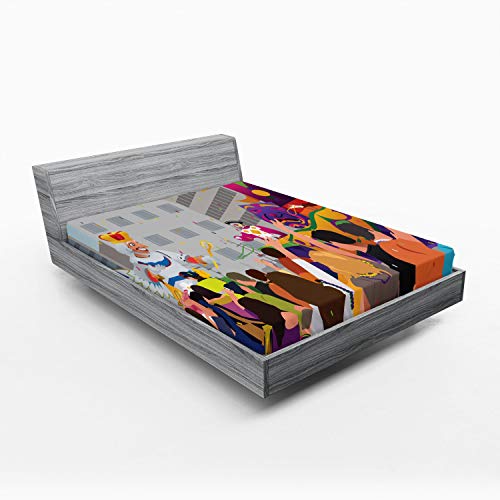 Ambesonne New Orleans Fitted Sheet, People in Mardi Gras Festival Cartoon Style Fat Tuesday Carnival...