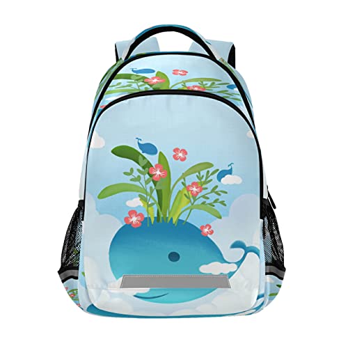 Sac pour scolaire robuste avec motif baleine et plante fleur floral bleu