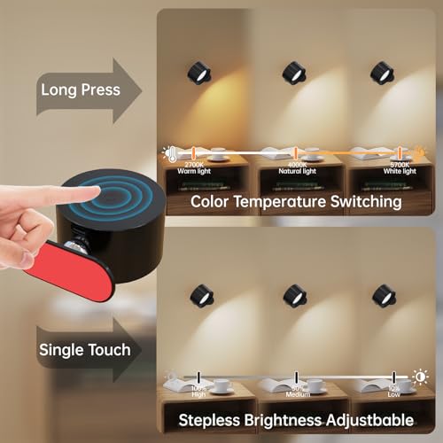 Image of Koopala 3PACK Rechargeable LED Wall Sconce, Cordless Battery with Remote Powered Wall Sconce, 3 Brightness Levels, 360 Swivel Magnetic Shade for Bedrooms, Hallways, Den and Reading Spaces（Black）