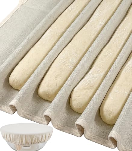 Perenllareta XL Bakers Couche 39x25 for French Baguette Dough Making Linen Cotton Bread Baking Proofing Cloth and 10in Reusable Bowl Cover Set