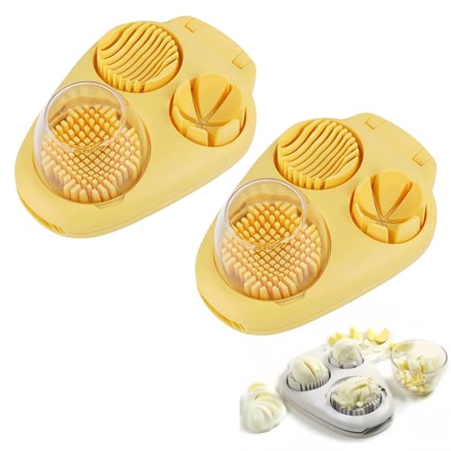 Marwey 3イン1エッグスライサー 固ゆで卵用カッター エッグスライサー ステンレス製 高耐久 ストロベリーマッシュルーム グレープ チェリートマト用 多機能フードカッタースライサー ホームキッチンチョッパーガジェット用 (2個,イエロー) [並行輸入