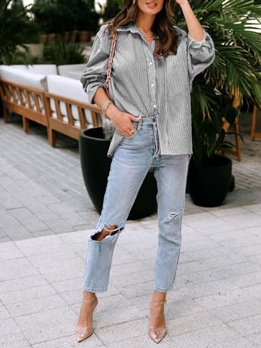 Image of siliteelon Striped Button Down Shirts Women Cotton Long Sleeve Work Blouses