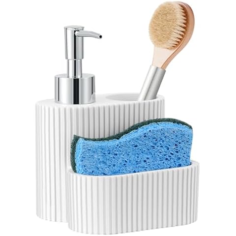 Shinowa Soap Dispenser with Sponge Holder, Marble Look Liquid Hand and Dish Soap Dispenser and Sponge Caddy with Brush Holder, 3 in 1 Countertop Organizer for Kitchen Sink and Bathroom Cover