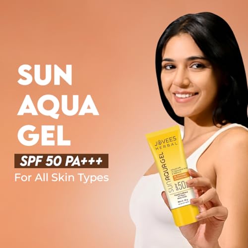 Image of Jovees Herbal Sun Aqua Gel Sunscreen SPF 50 PA+++ | Lightweight, Water-Like Texture | 1% Hyaluronic Acid | Non-Greasy, No White Cast | Perfect for Oily & Combination Skin | Sunscreen For Men /Women 50g