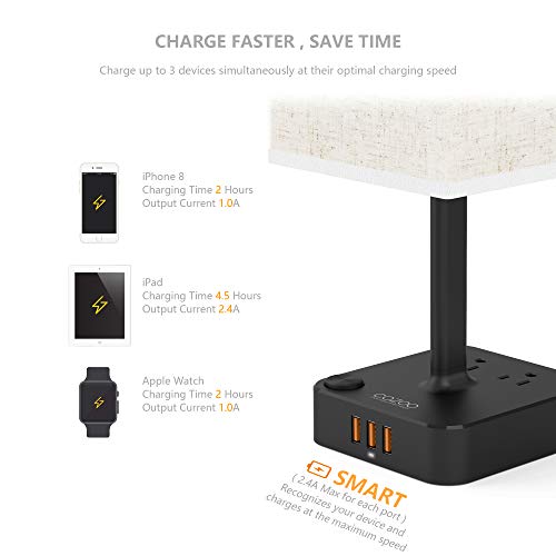 Cozoo Usb Bedside Table Desk Lamp With 3 Usb Charging Ports And 2 Outlets Power Strip,Black Charger Base With White Fabric Shade, Led Light For Bedroom/Nightstand/Living Room/Dorm/Home Office/College #TOP4