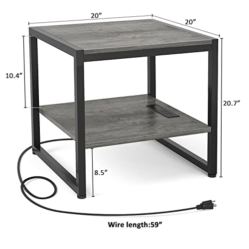 Homieasy End Table With Charging Station, 20 Inch Square Side Table With Usb Ports & Power Outlets, Grey Nightstand With 2-Tier Storage Shelf, Mini Fridge Stand For Small Spaces, Black Oak #TOP2