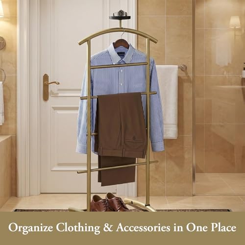 Image of Kings Brand Freestanding Metal Suit Valet Stand with Tie Bar, Gold | Complete Clothing Organizer with Hanger, Trouser Bar & Shelf Keeps Jackets, Pants, Ties, Belts & Accessories Organized