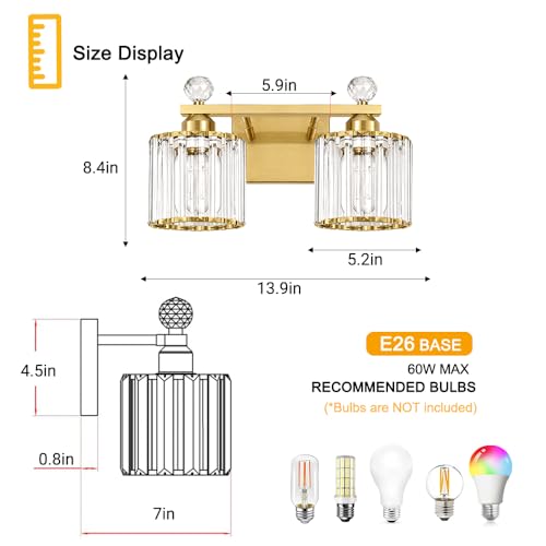 Image of Lxybcce Modern 14In 2-Lights Bathroom Vanity Light, Crystal Bathroom Light Fixtures, Gold Vanity Light Fixtures Over Mirror, Easy Installation & Shadow-Free Illumination for Bathroom Mirror Decor