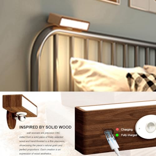 Lámpara de pared sin cables para dormitorio: luz de madera recargable y suave 5