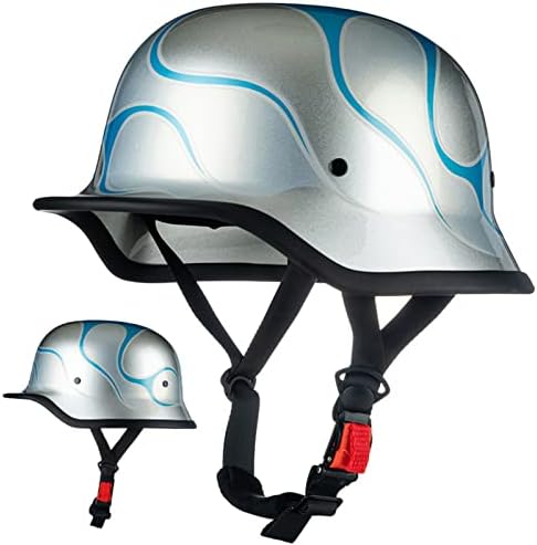 German Style Motorcycle Half Helmet, Adults Retro Open Face Helmets, Men Women Novelty Skull Cap Half Shell Helmet for Scooter Moped Street Motorbike DOT/ECE Approved,Silver fire Blue,XL