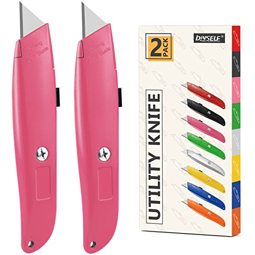 Image of DIYSELF 2 Pack Box Cutter Retractable, Ergonomic Razor Blades Utility Knife | Ergonomic Razor Knives for Packages, Crafts, Tape and Leather; PVC Pipe Cutter for Home, Office, Shop and DIY Projects
