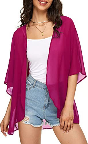 Image of Indian Trendy Women's Solid Puff Sleeve Kimono Cardigan Loose Cover Up Casual Blouse Top Chiffon