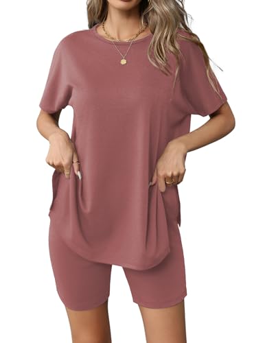 Image of Ekouaer Women's 2 Piece Lounge Set 2026 Summer Biker Shorts Set Outfits Short Sleeve Oversized Top Matching Tracksuit