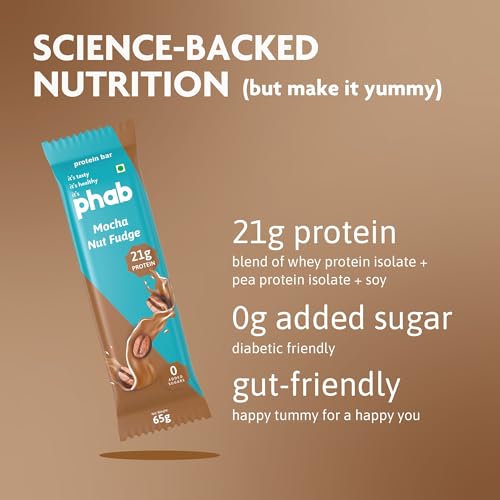 Phab 21G Mocha Nut Fudge Protein Bar | 8G High Fiber | Pea & Whey Protein Isolate, No Preservatives, Diabetic Friendly 100% Veg Protein Bar| Gluten-Free Protein Bars For Fitness, Energy & Immunity (Pack of 6)