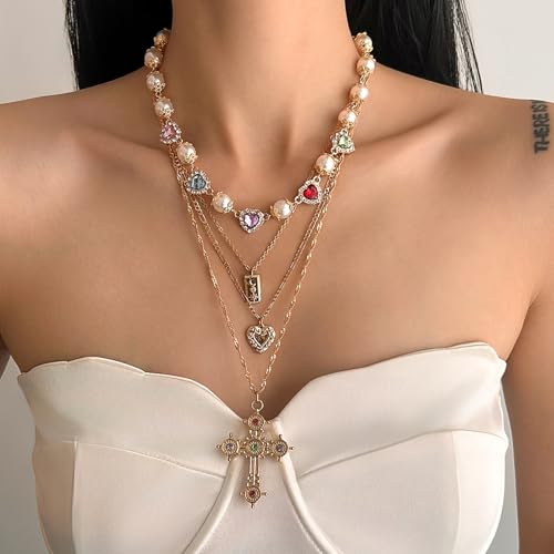 Colorful Daisy Pearl Choker Necklace - Rainbow Rhinestone Flower Faux Pearl Choker Layered Heart Choker Cross Pendant Statement Necklaces Elegant Old Money Jewelry for Women2