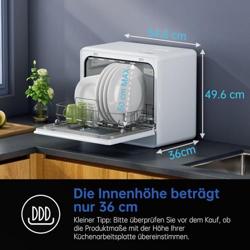 AIRMSEN Tischgeschirrspüler Mini Geschirrspüler mit Weichwasseranlage, 7+2 Programmen & 5L Wassertank, Kompakte Spülmaschine mit/ohne Wasseranschluss, Ideal für Wohnungen Wohnmobil Weiß