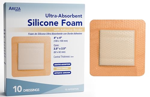Areza Medical - Silicone Foam with Super-Absorbent Layer - Wound Dressing - Waterproof - with Silicone Adhesive Border - Sterile - 4