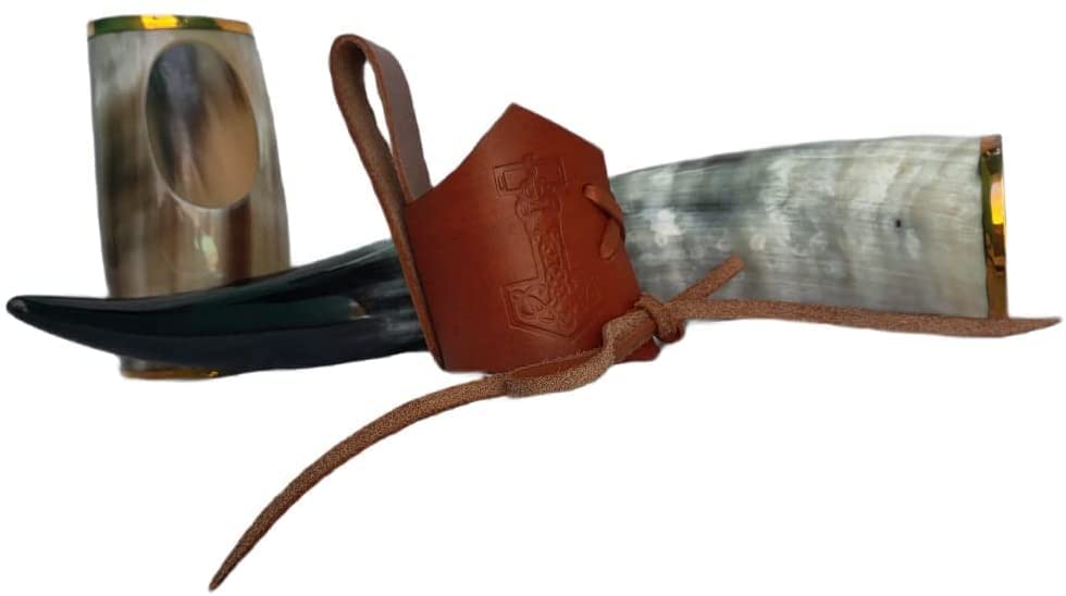 The Viking Real Ox Horn Drinking Horn with Leather Holder and Horn Stand Handmade Beer Glass Viking Vessels - Brass Rim